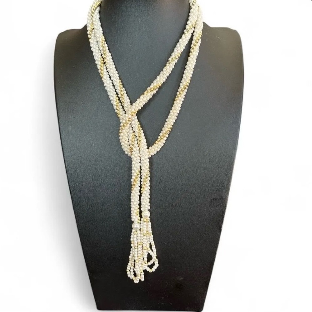 Faux Pearl Beaded Tassel Lariat Necklace